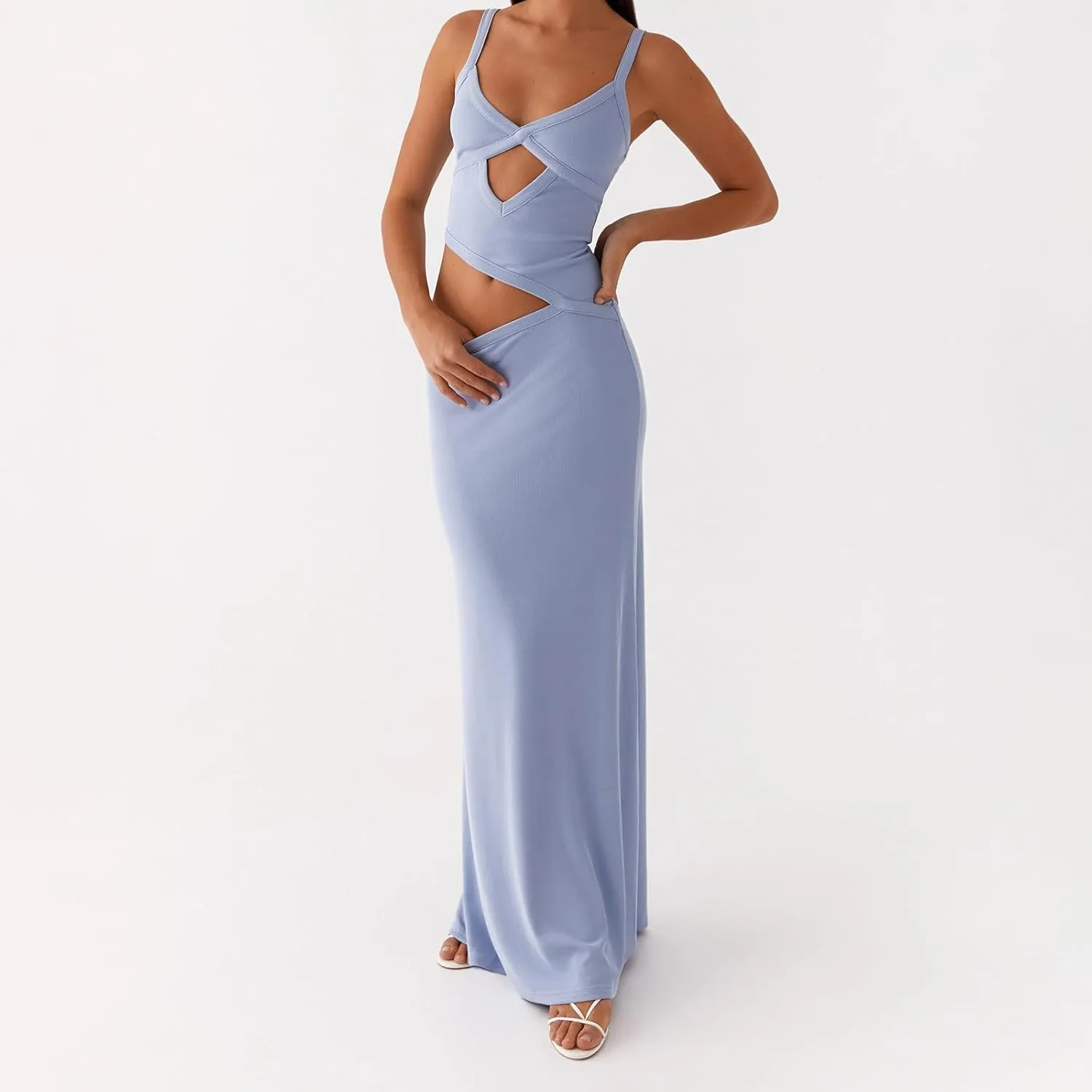 Women Spaghetti Strap Cut Out Maxi Dress Sleeveless Backless Hollow Out Bodycon Slip Long Dress Cocktail Streetwear