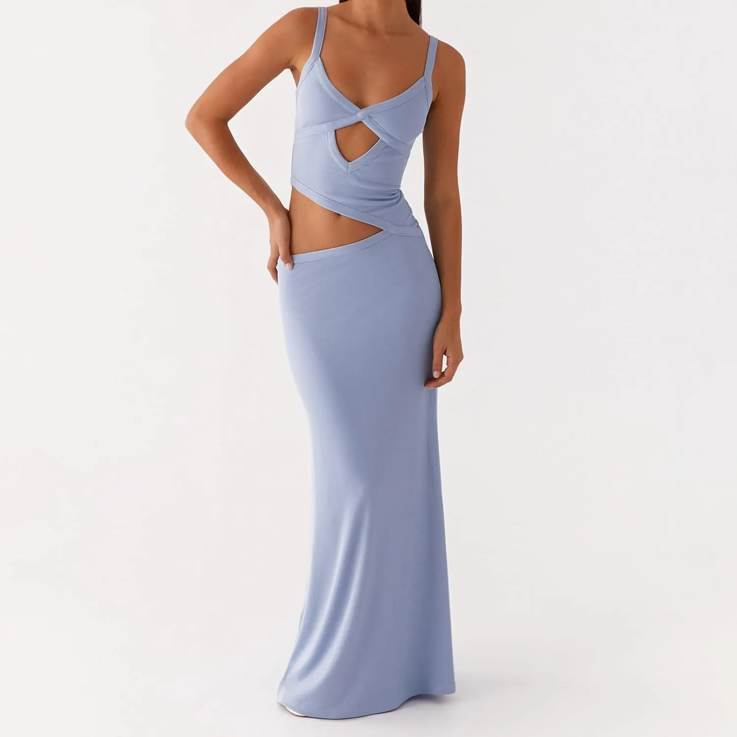 Women Spaghetti Strap Cut Out Maxi Dress Sleeveless Backless Hollow Out Bodycon Slip Long Dress Cocktail Streetwear