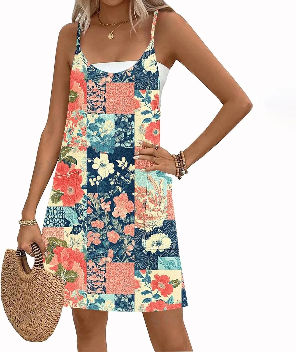 Women Summer Adjustable Spaghetti Strap Mini Sundress, Sleeveless Comfy Loose Vacation Casual Dresses with Pockets