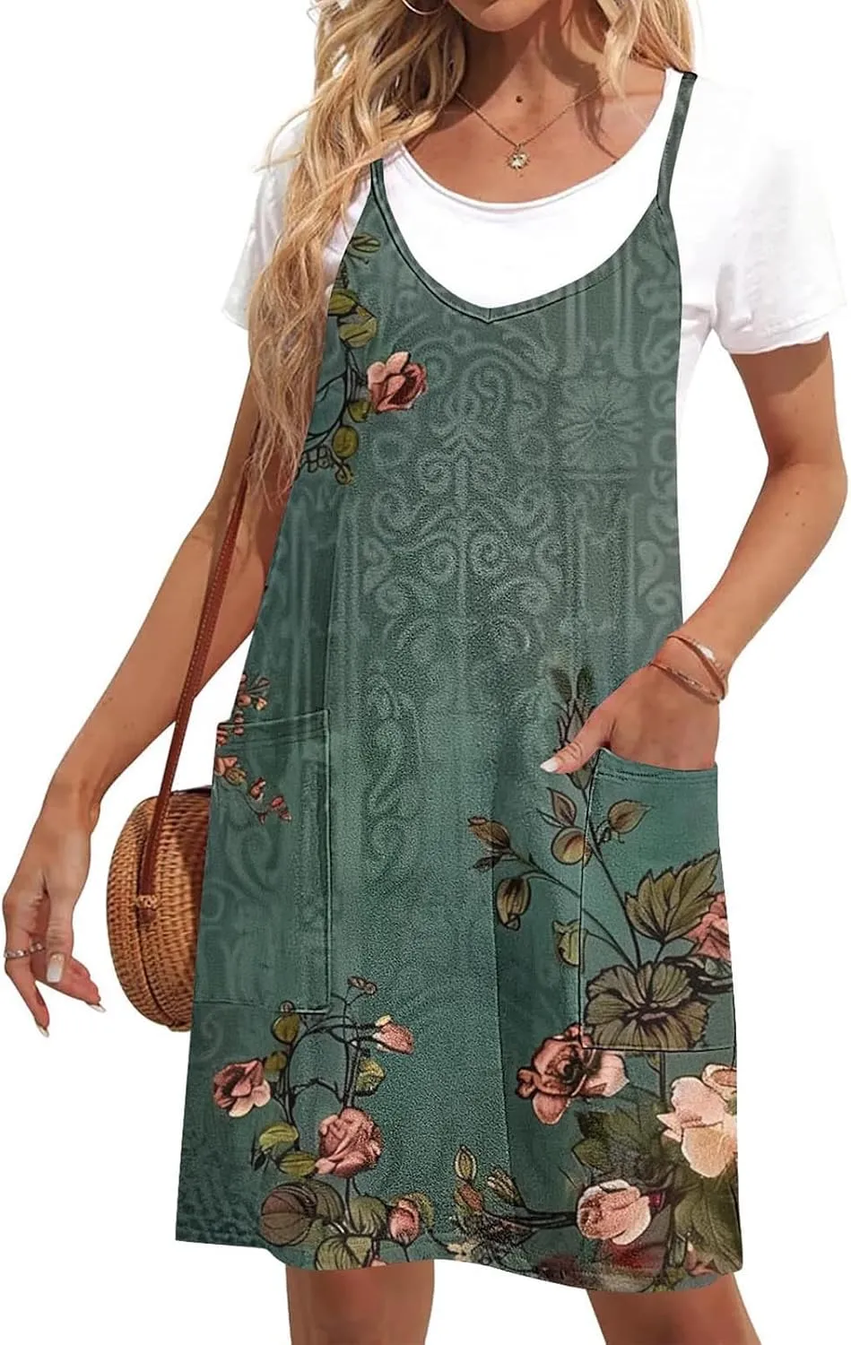 Women Summer Adjustable Spaghetti Strap Mini Sundress, Sleeveless Comfy Loose Vacation Casual Dresses with Pockets
