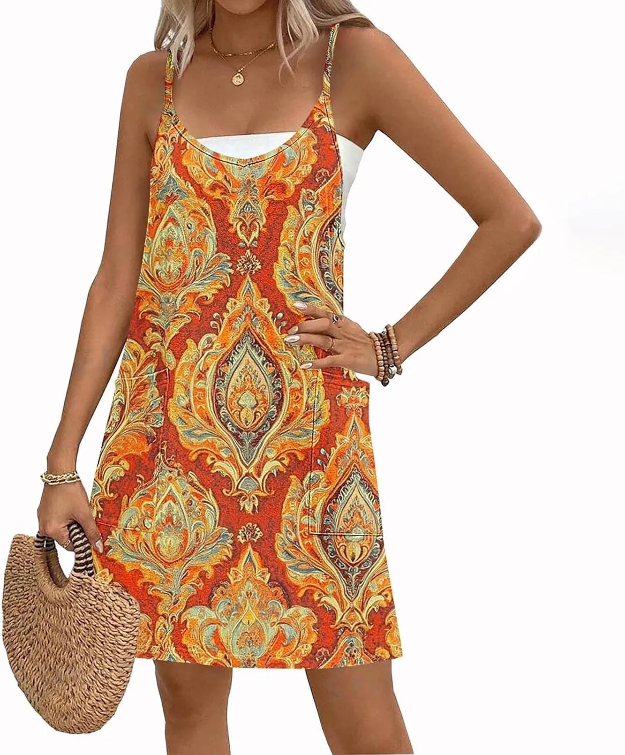 Women Summer Adjustable Spaghetti Strap Mini Sundress, Sleeveless Comfy Loose Vacation Casual Dresses with Pockets