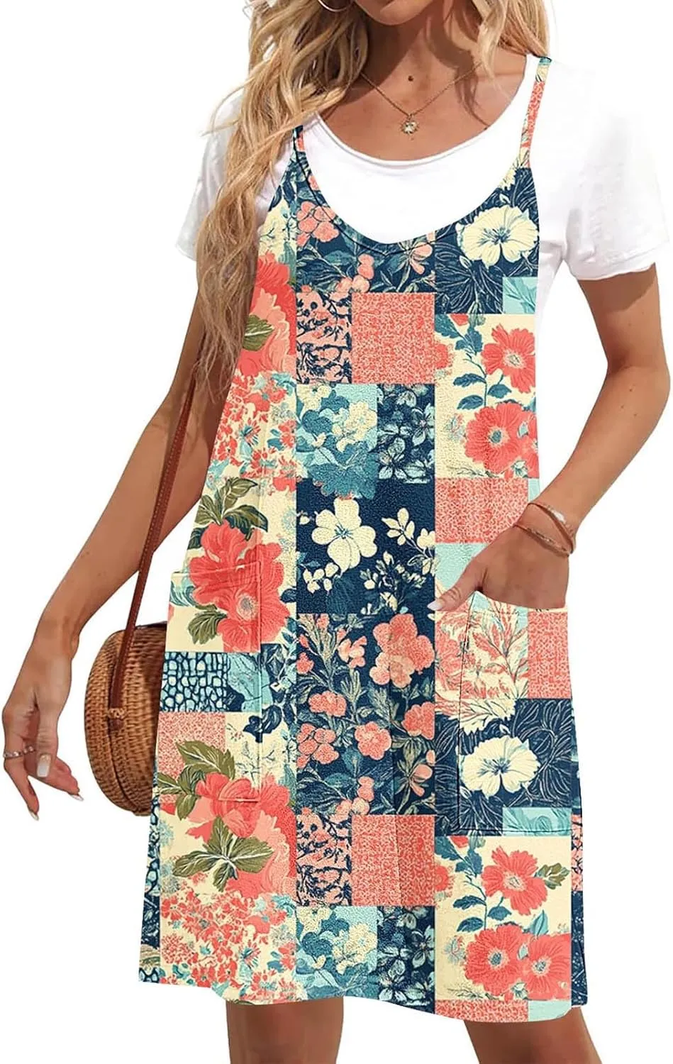 Women Summer Adjustable Spaghetti Strap Mini Sundress, Sleeveless Comfy Loose Vacation Casual Dresses with Pockets