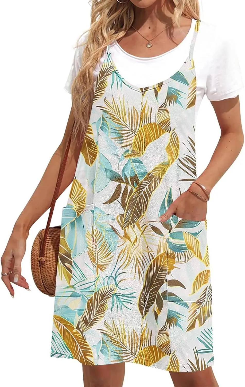 Women Summer Adjustable Spaghetti Strap Mini Sundress, Sleeveless Comfy Loose Vacation Casual Dresses with Pockets