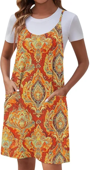 Women Summer Adjustable Spaghetti Strap Mini Sundress, Sleeveless Comfy Loose Vacation Casual Dresses with Pockets