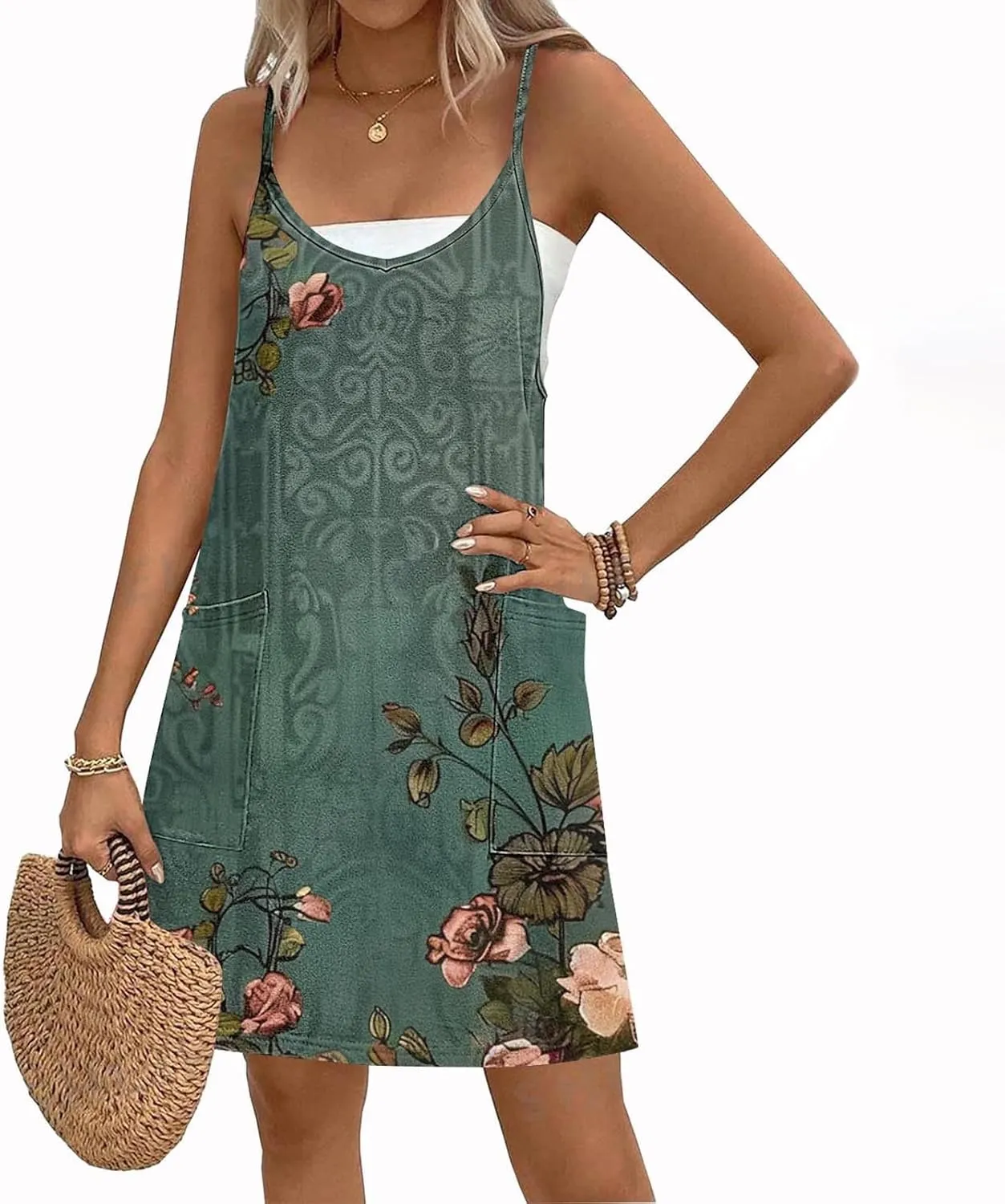 Women Summer Adjustable Spaghetti Strap Mini Sundress, Sleeveless Comfy Loose Vacation Casual Dresses with Pockets