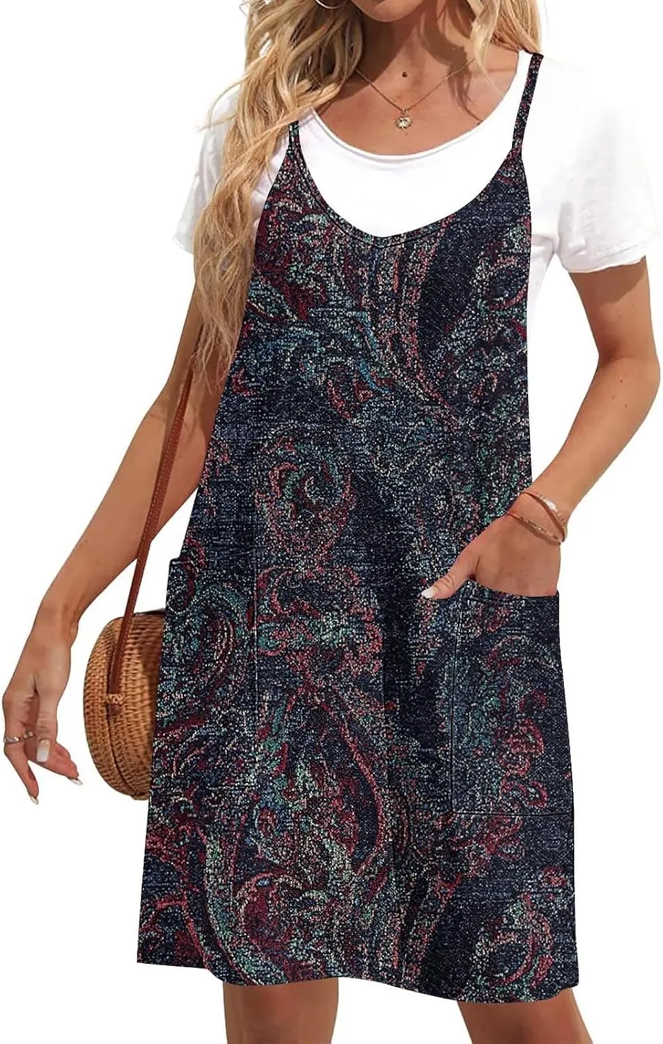 Women Summer Adjustable Spaghetti Strap Mini Sundress, Sleeveless Comfy Loose Vacation Casual Dresses with Pockets
