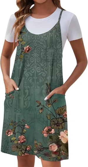 Women Summer Adjustable Spaghetti Strap Mini Sundress, Sleeveless Comfy Loose Vacation Casual Dresses with Pockets
