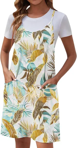 Women Summer Adjustable Spaghetti Strap Mini Sundress, Sleeveless Comfy Loose Vacation Casual Dresses with Pockets