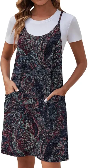 Women Summer Adjustable Spaghetti Strap Mini Sundress, Sleeveless Comfy Loose Vacation Casual Dresses with Pockets