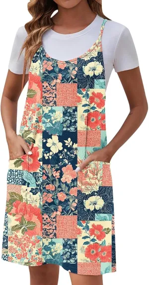 Women Summer Adjustable Spaghetti Strap Mini Sundress, Sleeveless Comfy Loose Vacation Casual Dresses with Pockets