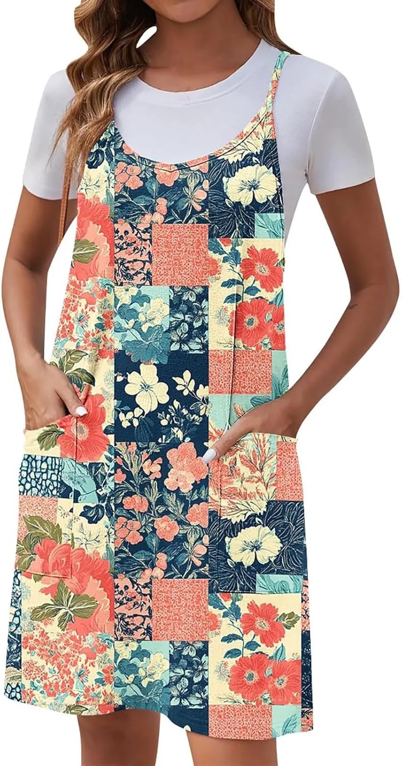 Women Summer Adjustable Spaghetti Strap Mini Sundress, Sleeveless Comfy Loose Vacation Casual Dresses with Pockets
