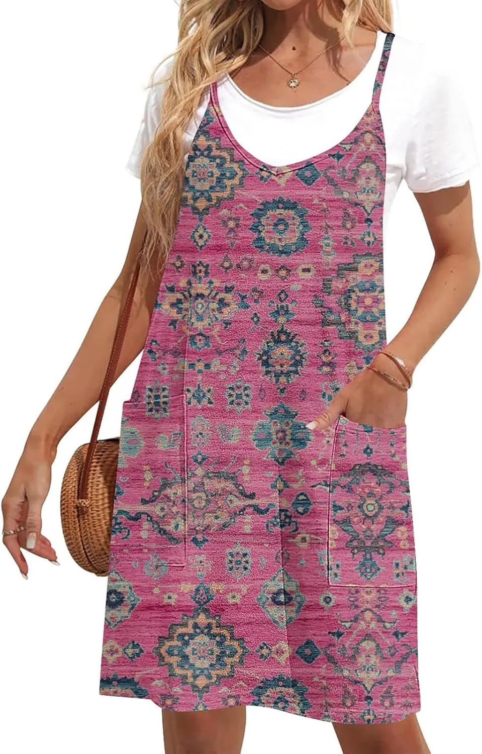 Women Summer Adjustable Spaghetti Strap Mini Sundress, Sleeveless Comfy Loose Vacation Casual Dresses with Pockets
