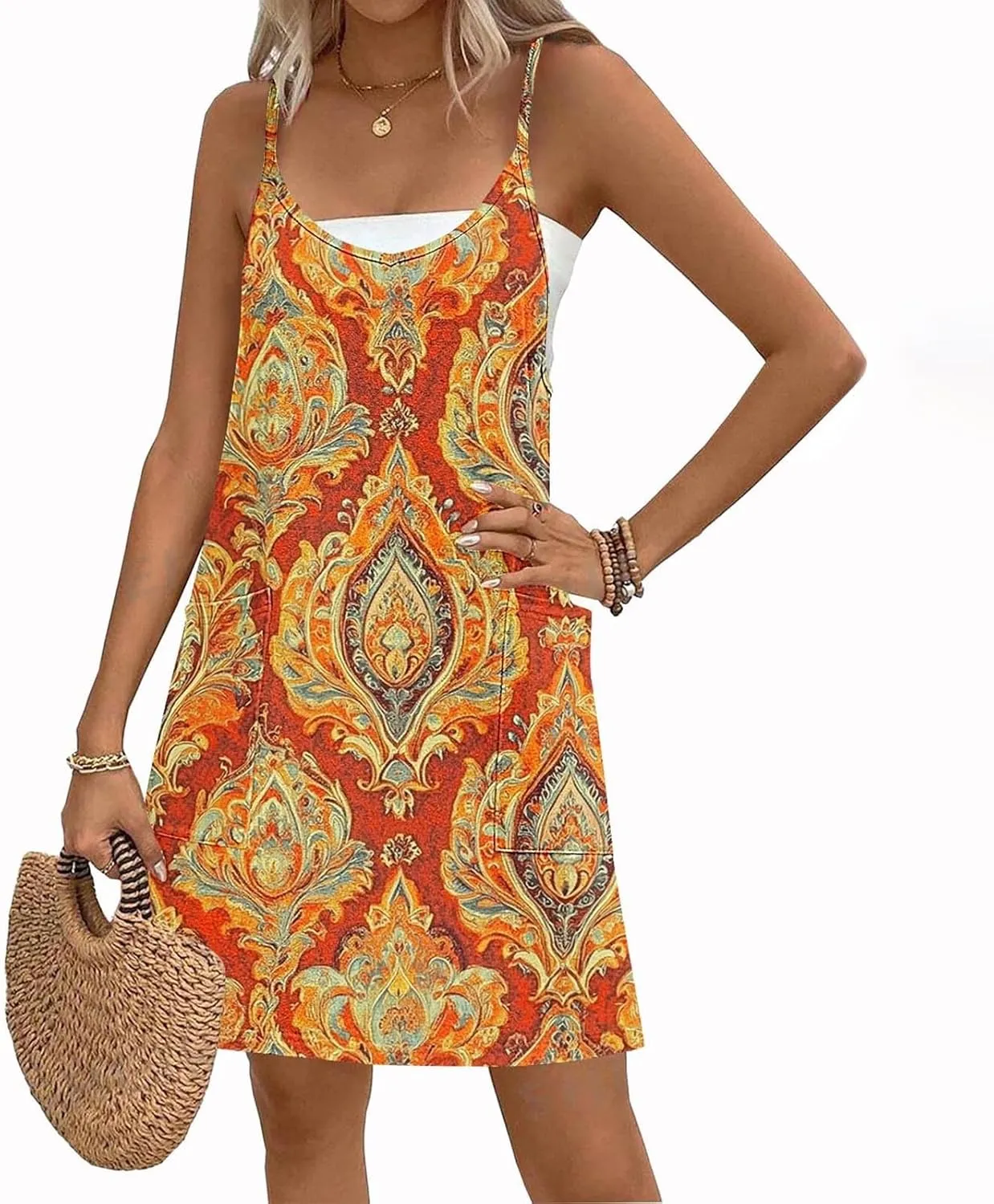 Women Summer Adjustable Spaghetti Strap Mini Sundress, Sleeveless Comfy Loose Vacation Casual Dresses with Pockets