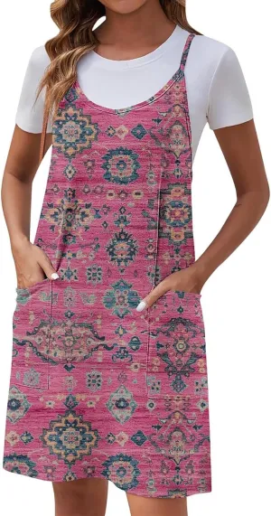 Women Summer Adjustable Spaghetti Strap Mini Sundress, Sleeveless Comfy Loose Vacation Casual Dresses with Pockets