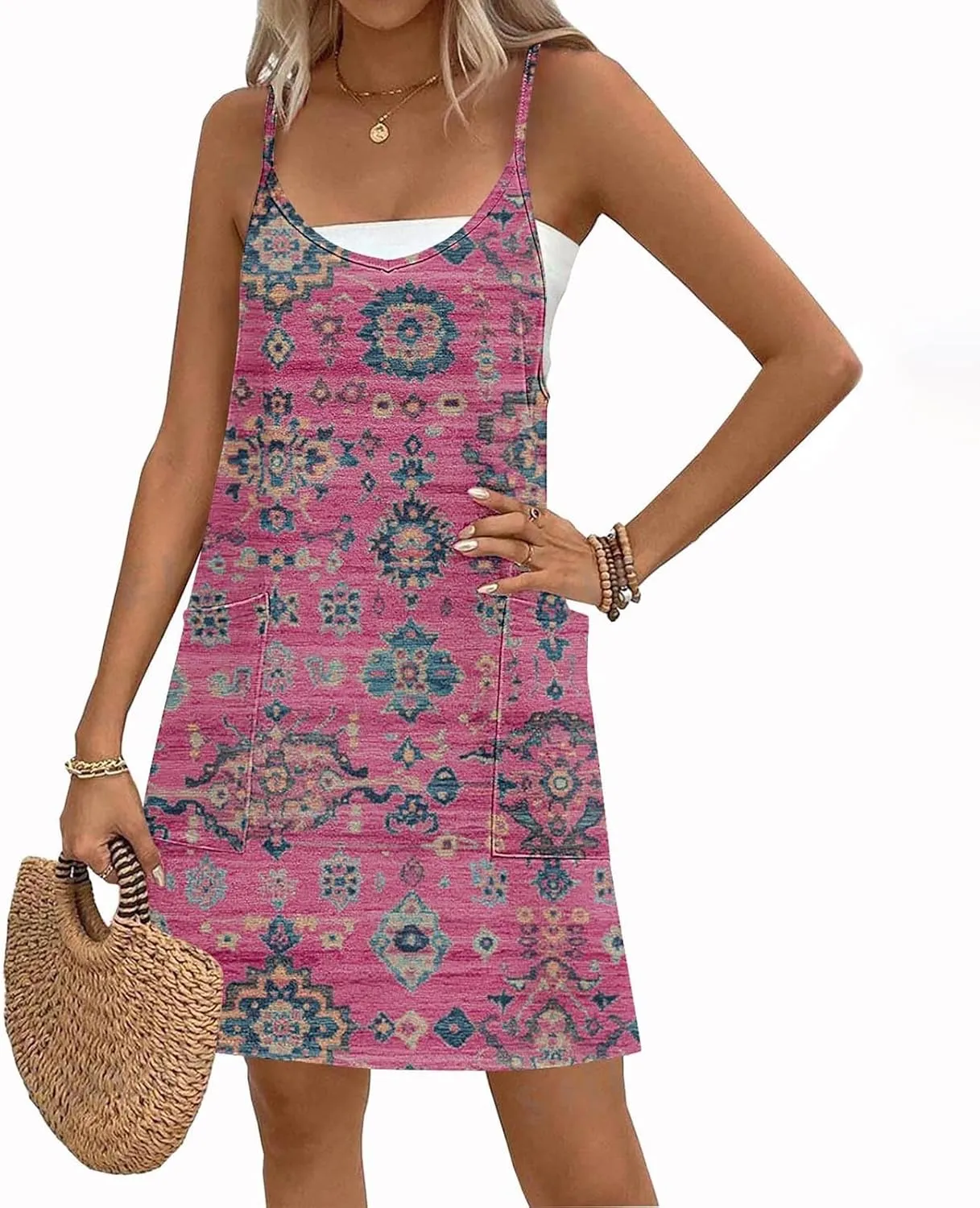 Women Summer Adjustable Spaghetti Strap Mini Sundress, Sleeveless Comfy Loose Vacation Casual Dresses with Pockets