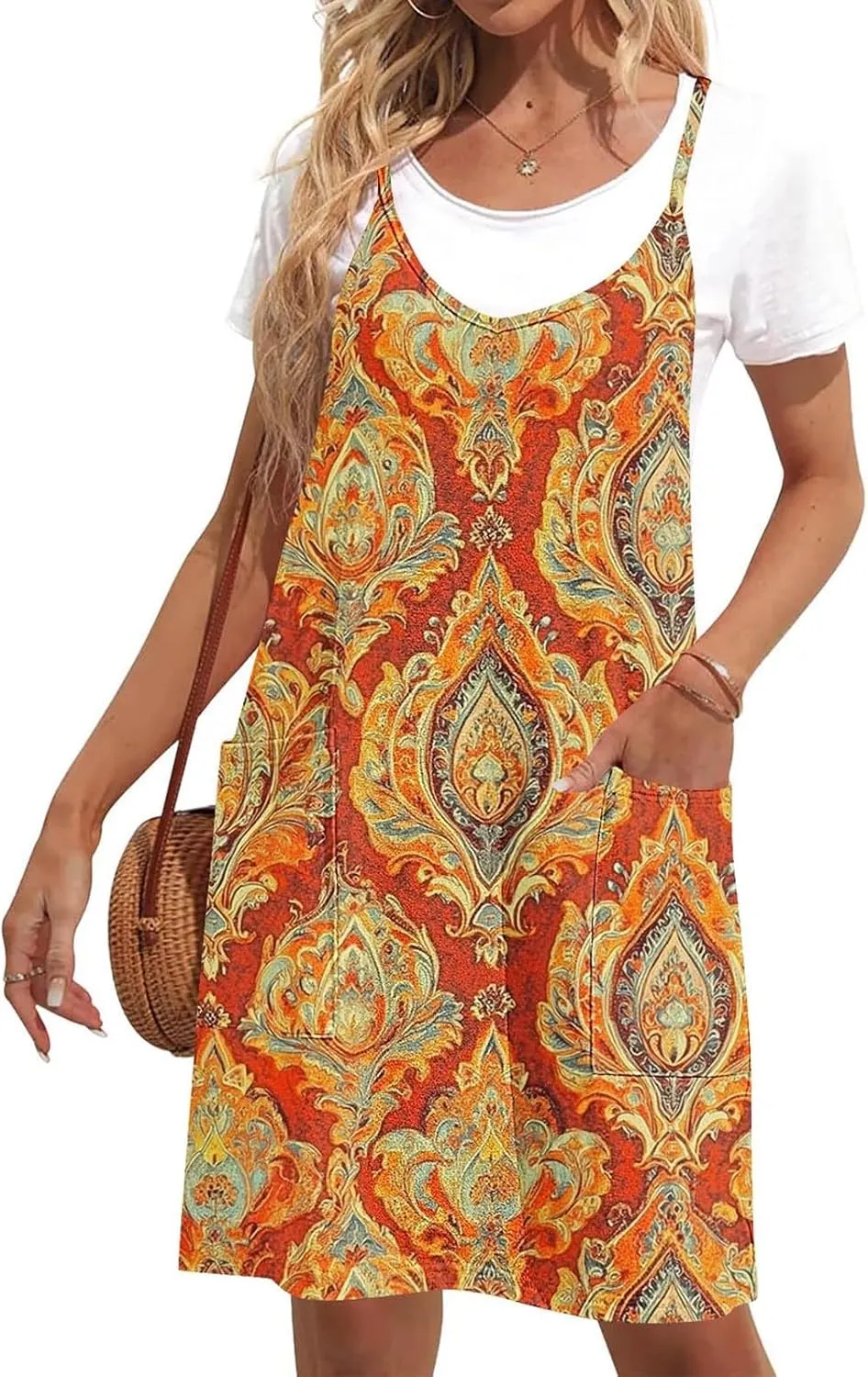 Women Summer Adjustable Spaghetti Strap Mini Sundress, Sleeveless Comfy Loose Vacation Casual Dresses with Pockets