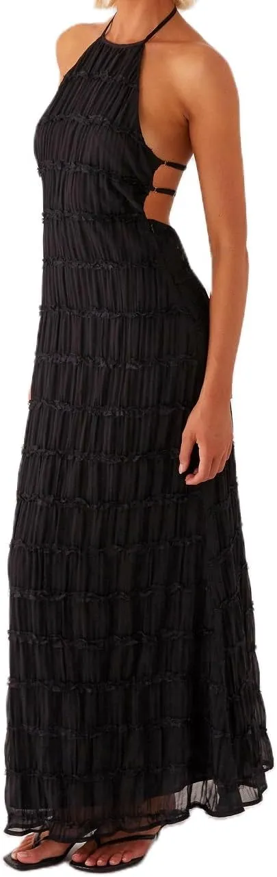 Women Summer Backless Beach Maxi Dress Spaghetti Strap Sleeveless Smocked Tulle Flowy Vacation Long Dress