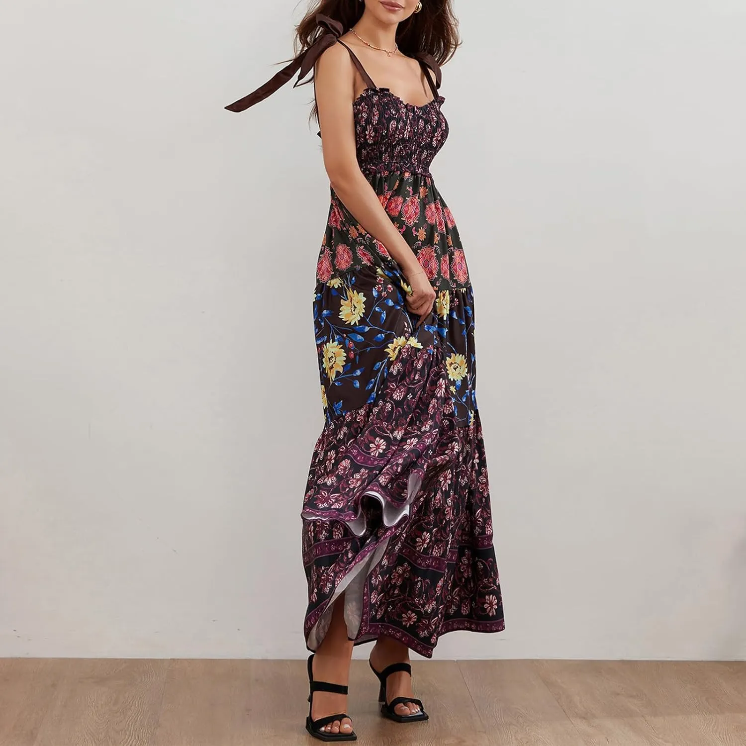 Women Summer Boho Tie Shoulder Dress Floral Smocked Flowy Tiered Maxi Dress Ruffle Going Out Beach Sundress