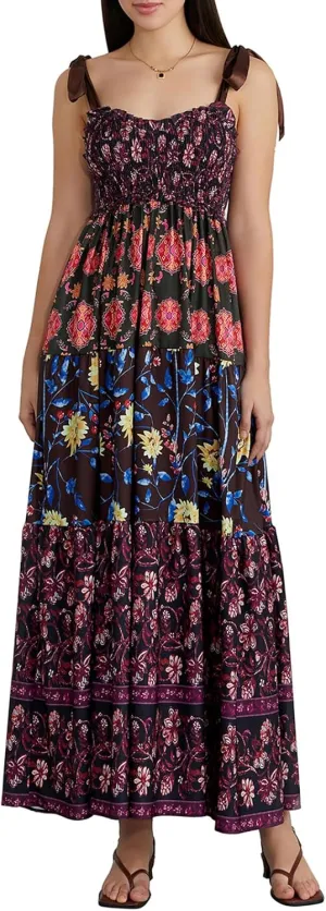 Women Summer Boho Tie Shoulder Dress Floral Smocked Flowy Tiered Maxi Dress Ruffle Going Out Beach Sundress