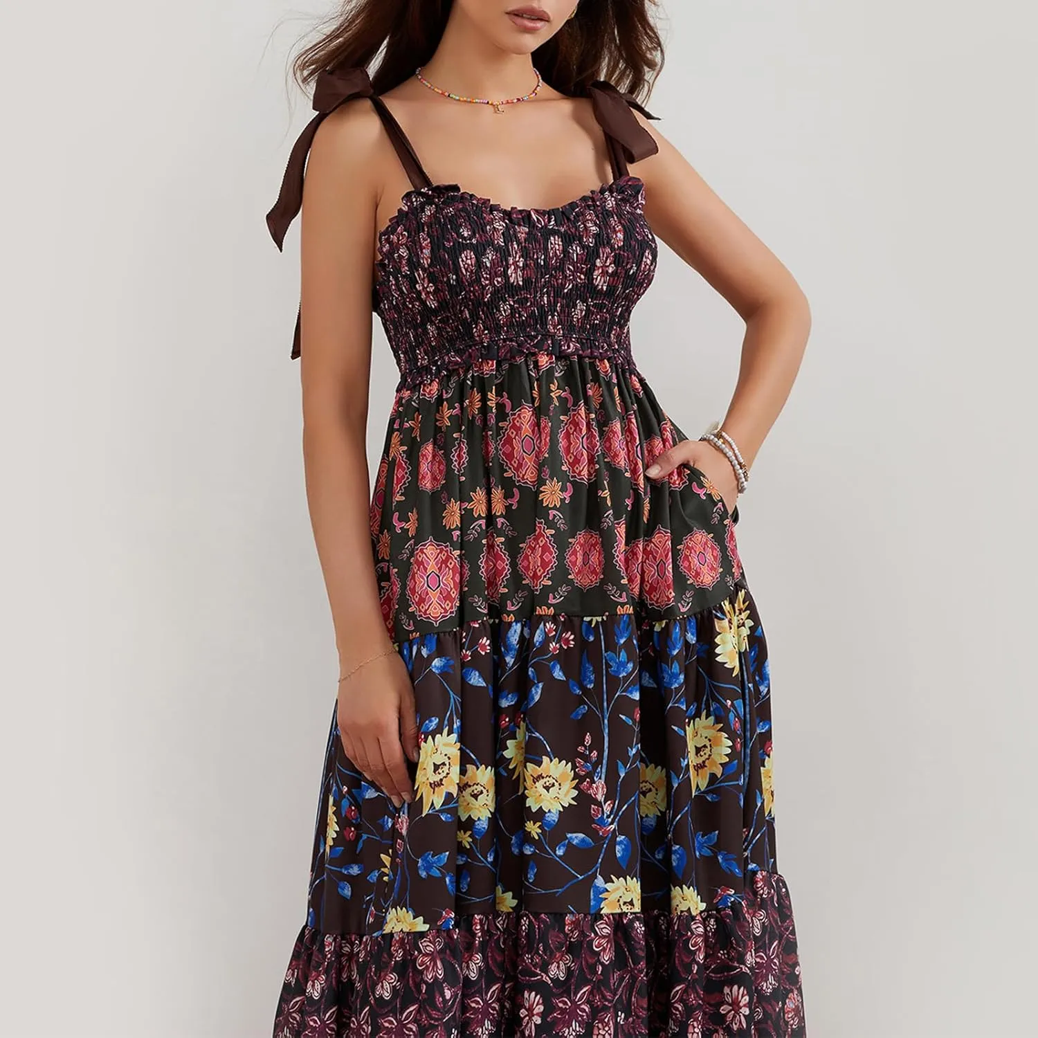 Women Summer Boho Tie Shoulder Dress Floral Smocked Flowy Tiered Maxi Dress Ruffle Going Out Beach Sundress