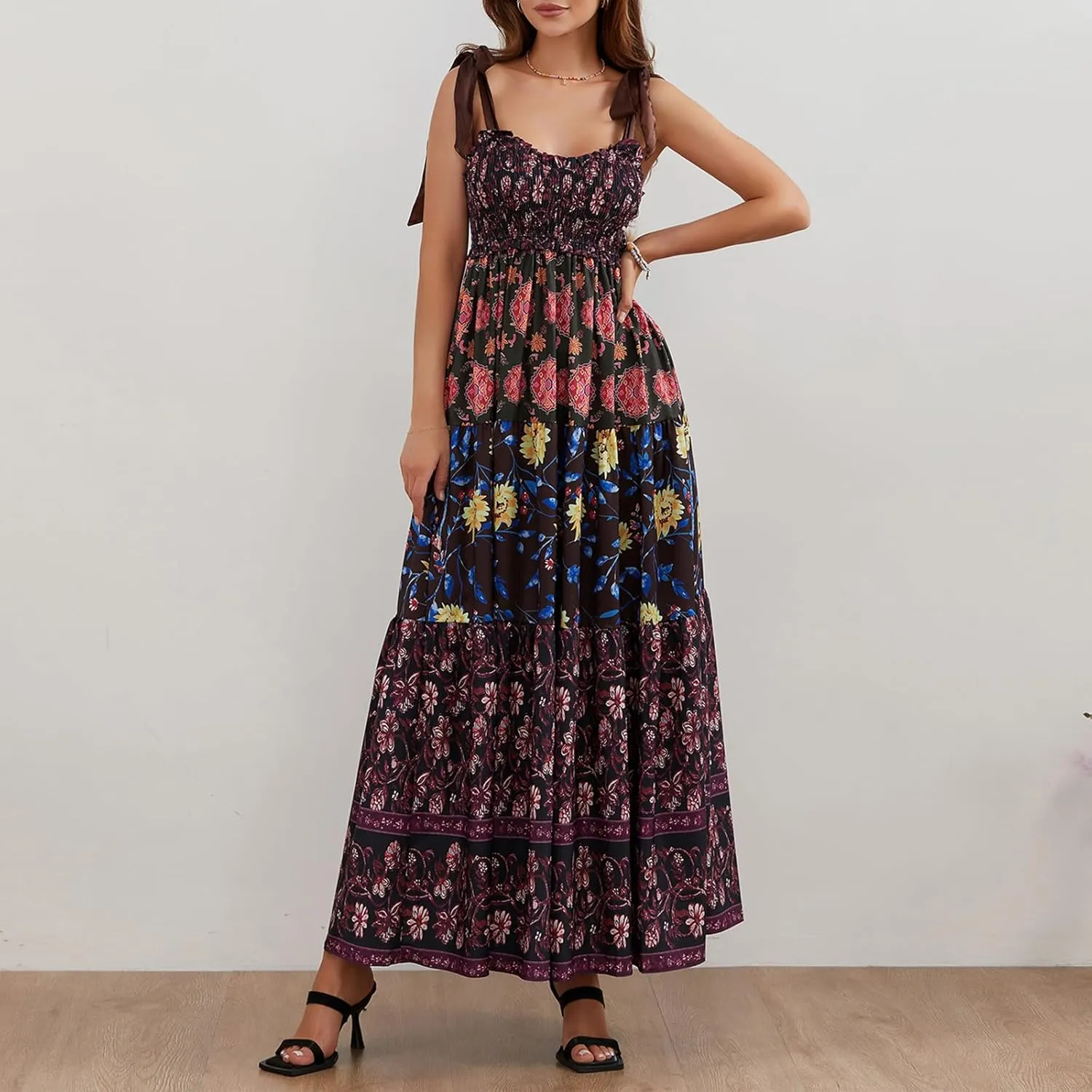 Women Summer Boho Tie Shoulder Dress Floral Smocked Flowy Tiered Maxi Dress Ruffle Going Out Beach Sundress