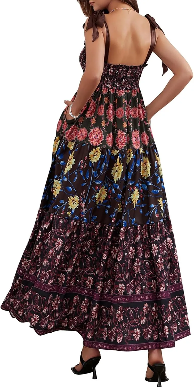 Women Summer Boho Tie Shoulder Dress Floral Smocked Flowy Tiered Maxi Dress Ruffle Going Out Beach Sundress