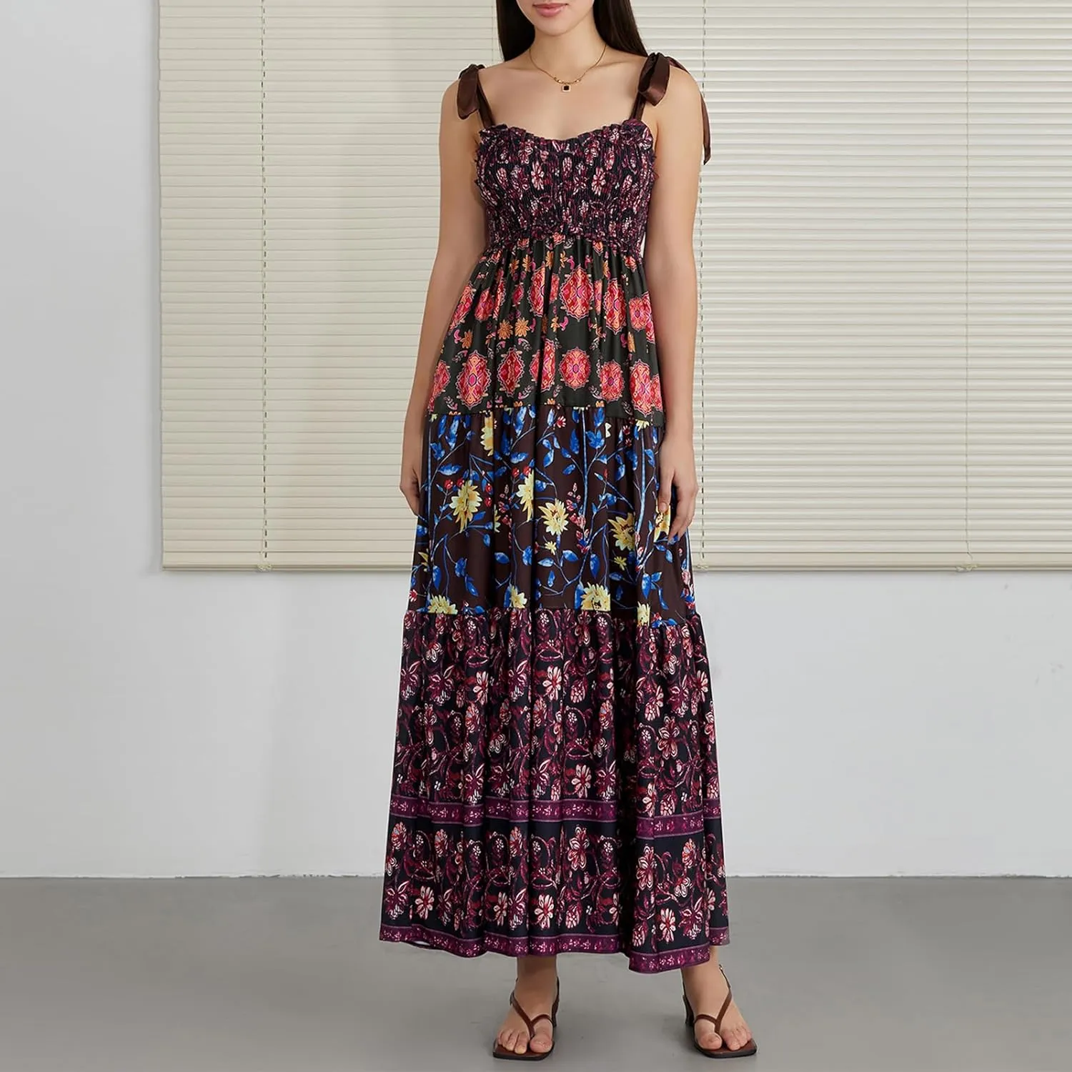 Women Summer Boho Tie Shoulder Dress Floral Smocked Flowy Tiered Maxi Dress Ruffle Going Out Beach Sundress