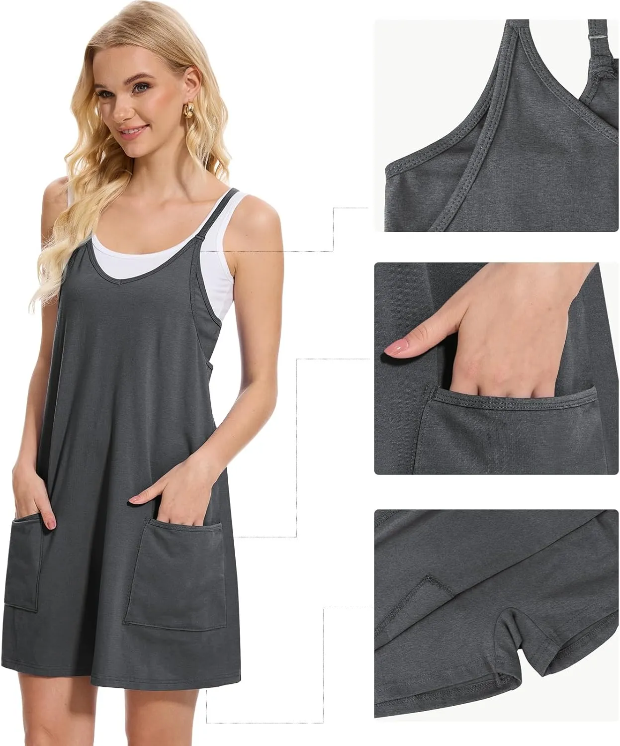 Women Tennis Workout Romper Mini Dress Summer Sleeveless Spaghetti Strap Athletic Sports Dress with Shorts