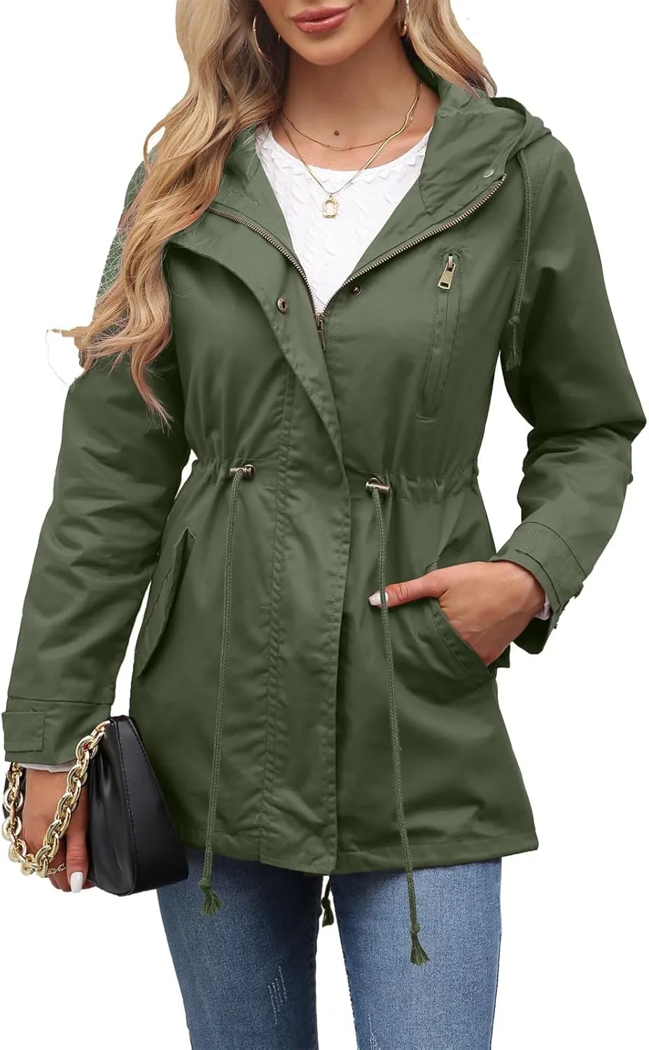 Women Trench Coat Windbreaker Zip Up Jacket With Pockets Casual Long Sleeve Outwear with Waist Drawstring
