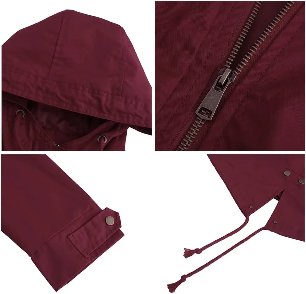Women Trench Coat Windbreaker Zip Up Jacket With Pockets Casual Long Sleeve Outwear with Waist Drawstring