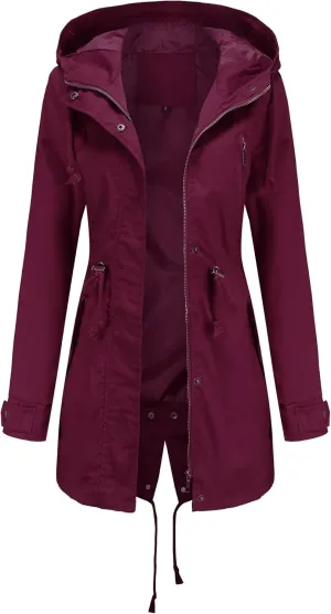 Women Trench Coat Windbreaker Zip Up Jacket With Pockets Casual Long Sleeve Outwear with Waist Drawstring