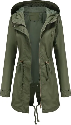 Women Trench Coat Windbreaker Zip Up Jacket With Pockets Casual Long Sleeve Outwear with Waist Drawstring