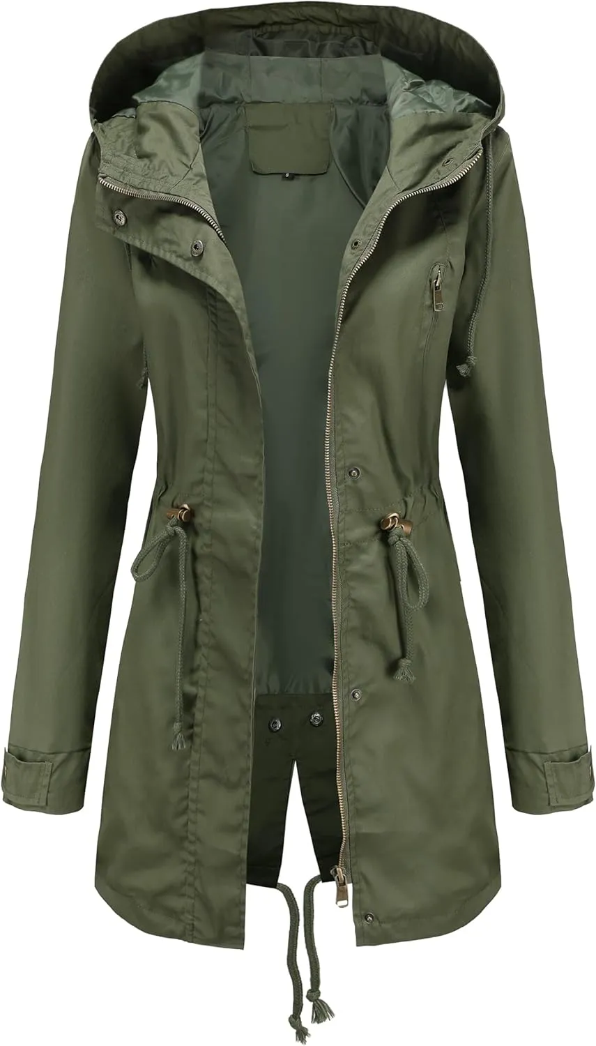 Women Trench Coat Windbreaker Zip Up Jacket With Pockets Casual Long Sleeve Outwear with Waist Drawstring