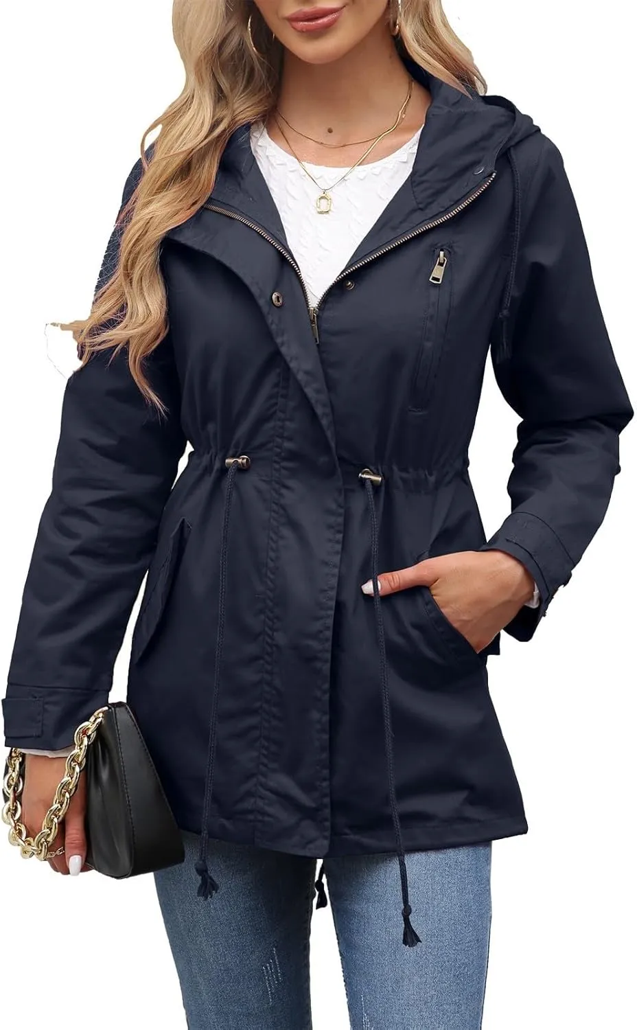 Women Trench Coat Windbreaker Zip Up Jacket With Pockets Casual Long Sleeve Outwear with Waist Drawstring