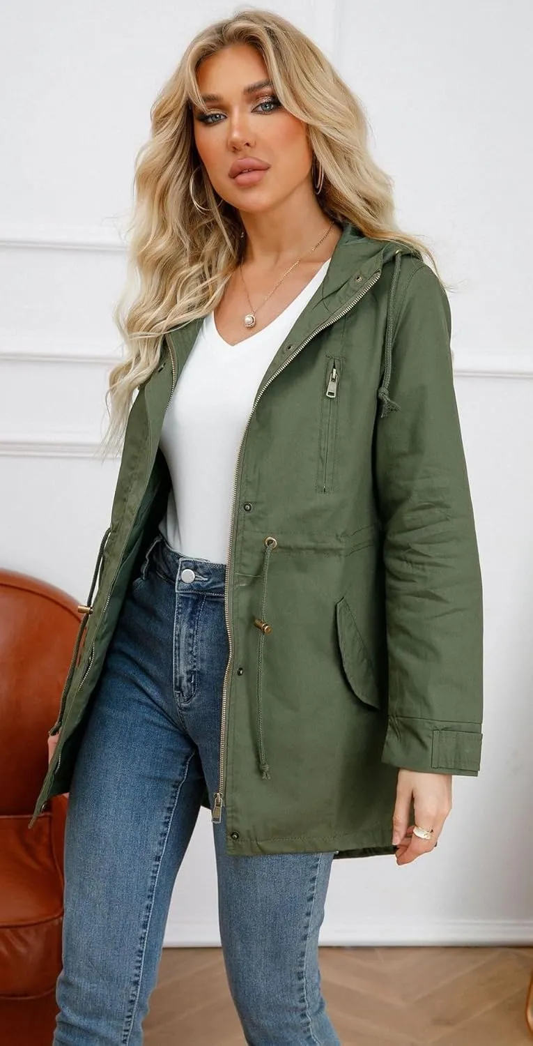 Women Trench Coat Windbreaker Zip Up Jacket With Pockets Casual Long Sleeve Outwear with Waist Drawstring