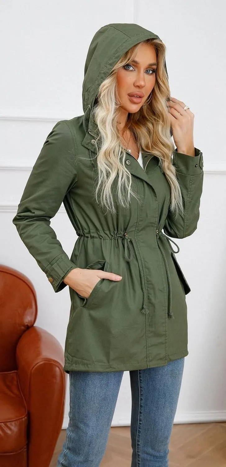 Women Trench Coat Windbreaker Zip Up Jacket With Pockets Casual Long Sleeve Outwear with Waist Drawstring