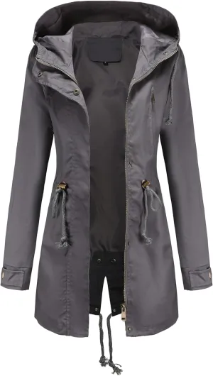 Women Trench Coat Windbreaker Zip Up Jacket With Pockets Casual Long Sleeve Outwear with Waist Drawstring