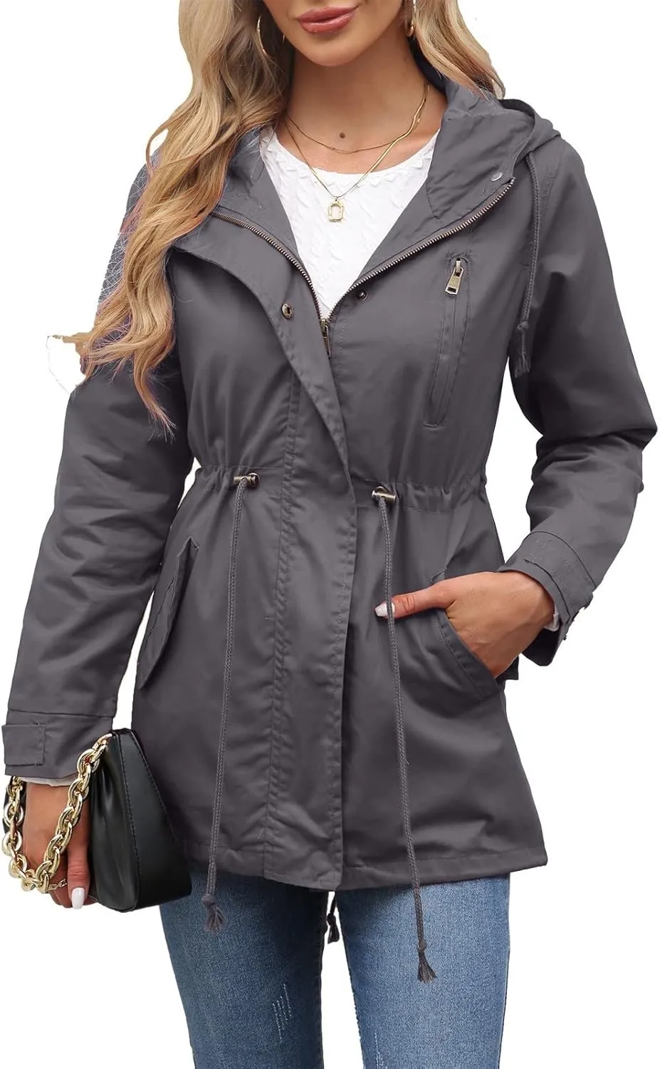 Women Trench Coat Windbreaker Zip Up Jacket With Pockets Casual Long Sleeve Outwear with Waist Drawstring
