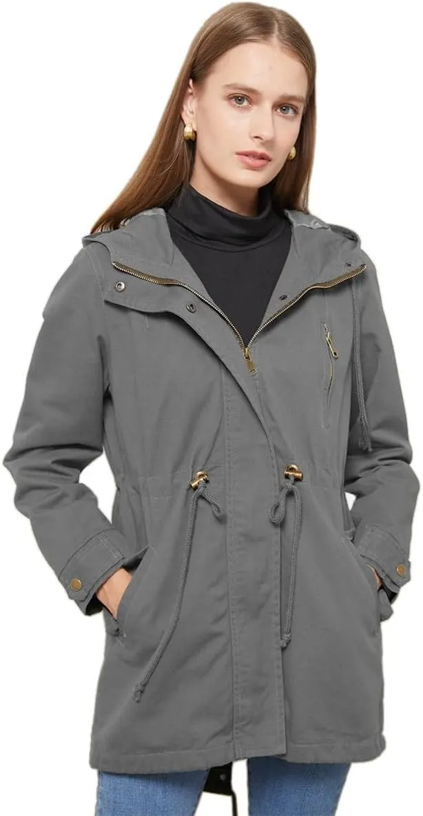 Women Trench Coat Windbreaker Zip Up Jacket With Pockets Casual Long Sleeve Outwear with Waist Drawstring
