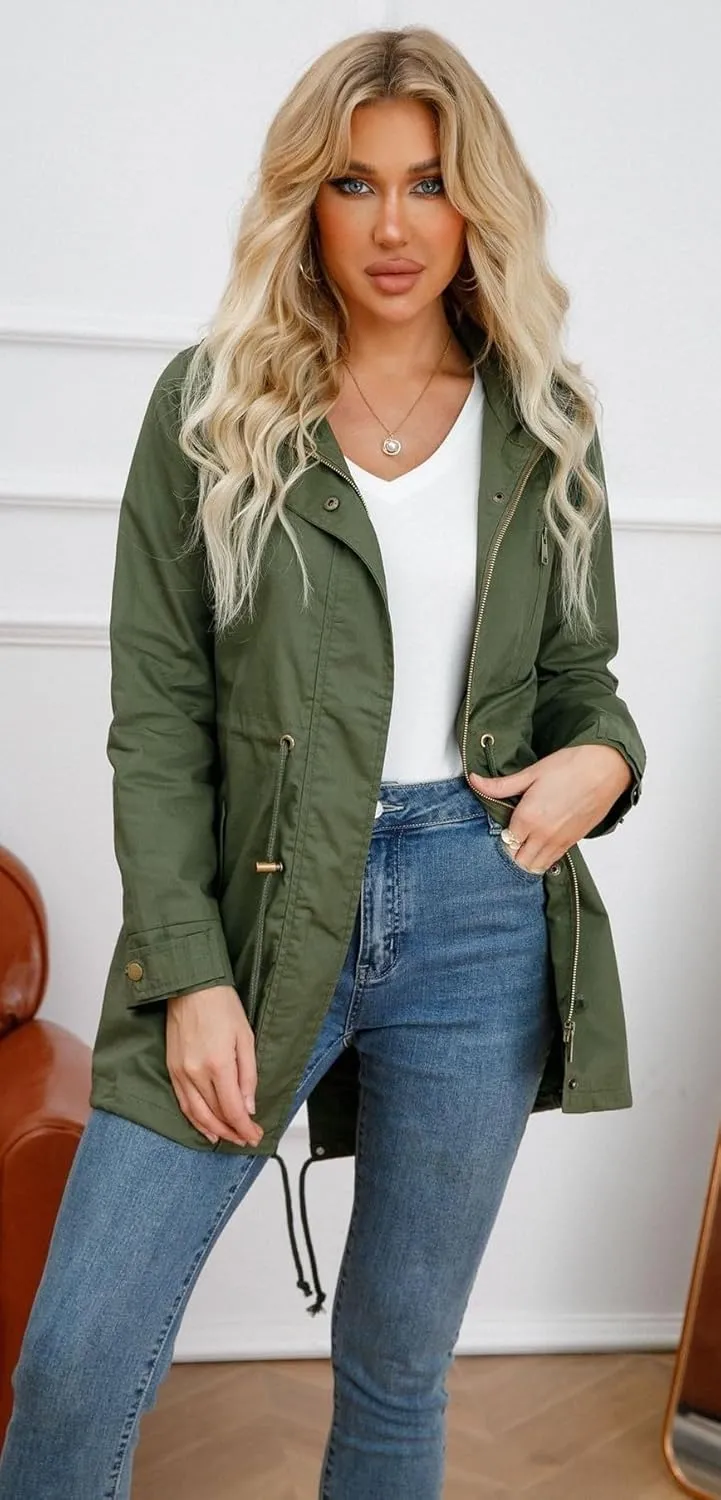 Women Trench Coat Windbreaker Zip Up Jacket With Pockets Casual Long Sleeve Outwear with Waist Drawstring