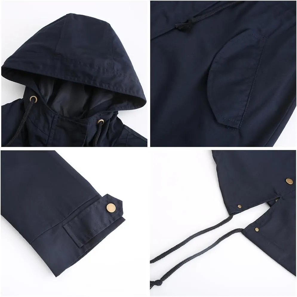 Women Trench Coat Windbreaker Zip Up Jacket With Pockets Casual Long Sleeve Outwear with Waist Drawstring