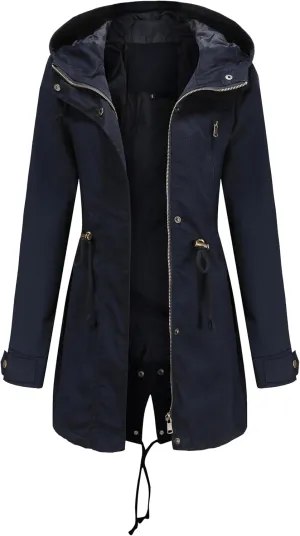 Women Trench Coat Windbreaker Zip Up Jacket With Pockets Casual Long Sleeve Outwear with Waist Drawstring