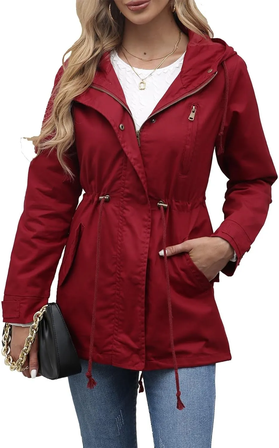 Women Trench Coat Windbreaker Zip Up Jacket With Pockets Casual Long Sleeve Outwear with Waist Drawstring