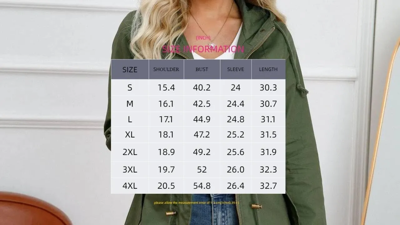 Women Trench Coat Windbreaker Zip Up Jacket With Pockets Casual Long Sleeve Outwear with Waist Drawstring