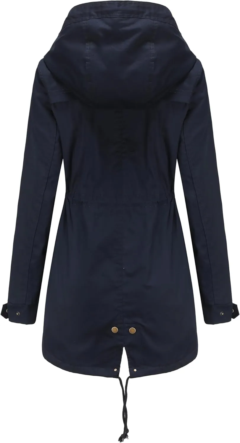 Women Trench Coat Windbreaker Zip Up Jacket With Pockets Casual Long Sleeve Outwear with Waist Drawstring