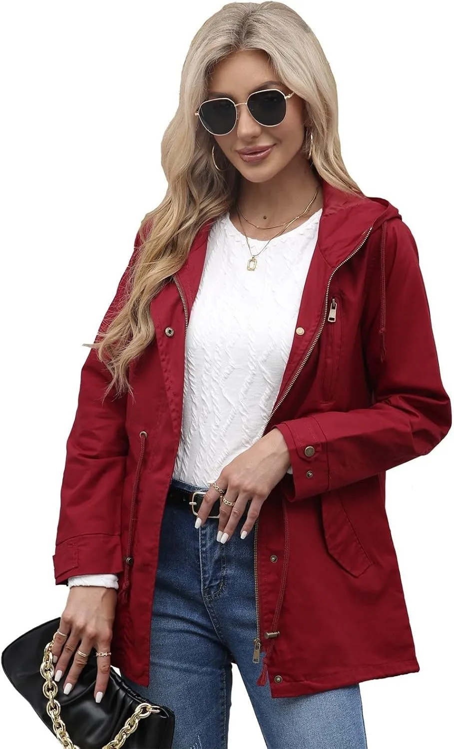 Women Trench Coat Windbreaker Zip Up Jacket With Pockets Casual Long Sleeve Outwear with Waist Drawstring