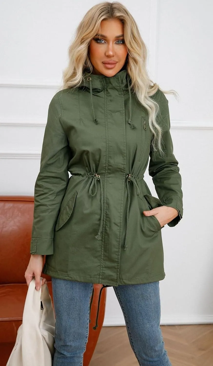 Women Trench Coat Windbreaker Zip Up Jacket With Pockets Casual Long Sleeve Outwear with Waist Drawstring