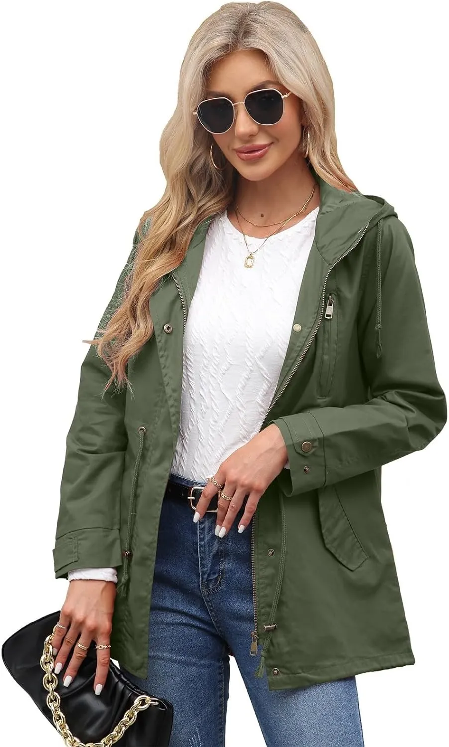 Women Trench Coat Windbreaker Zip Up Jacket With Pockets Casual Long Sleeve Outwear with Waist Drawstring