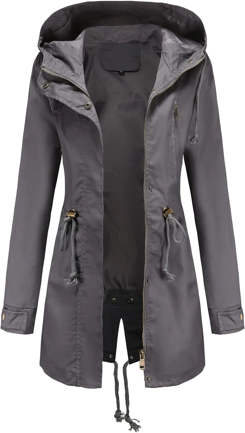 Women Trench Coat Windbreaker Zip Up Jacket With Pockets Casual Long Sleeve Outwear with Waist Drawstring