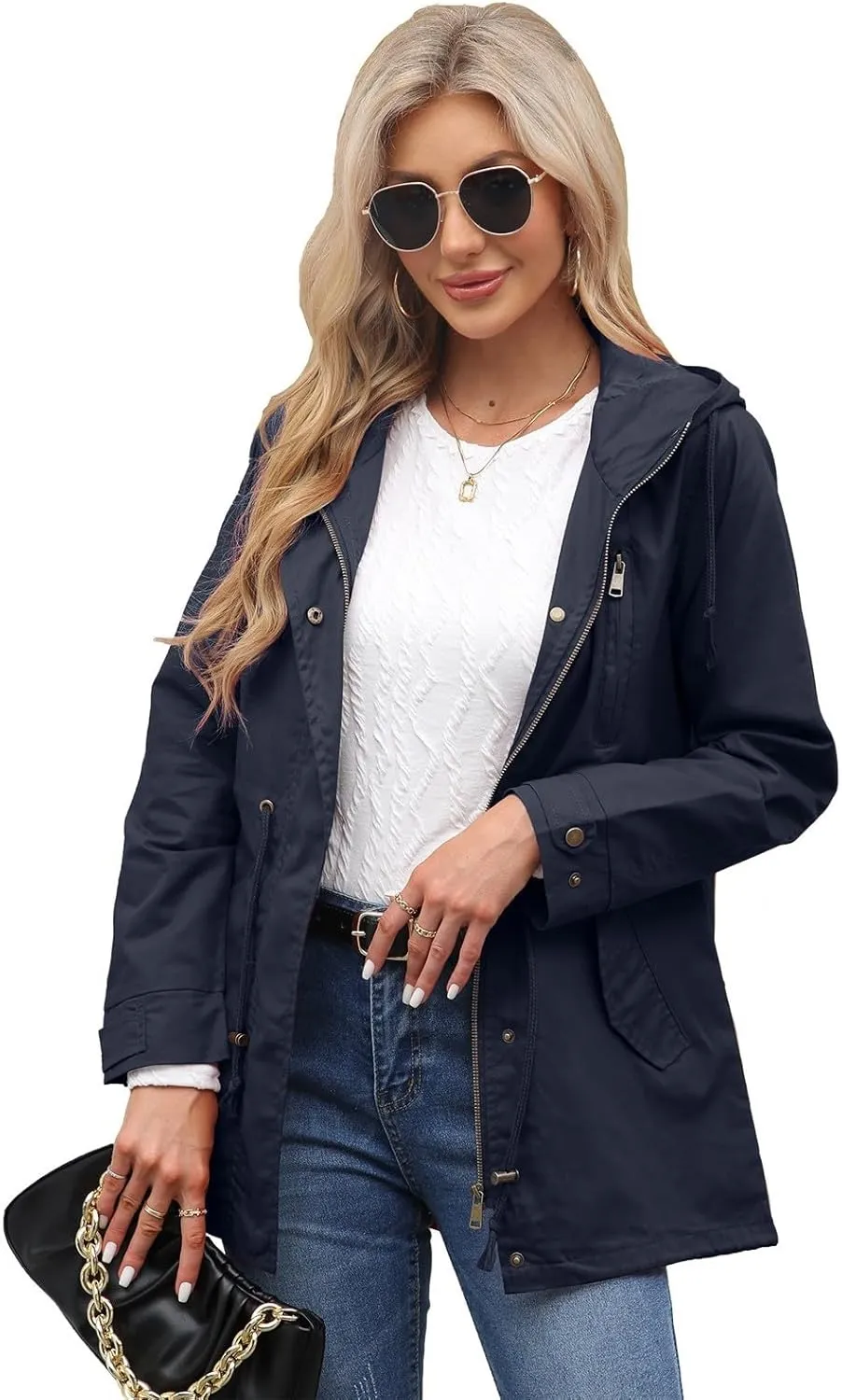 Women Trench Coat Windbreaker Zip Up Jacket With Pockets Casual Long Sleeve Outwear with Waist Drawstring